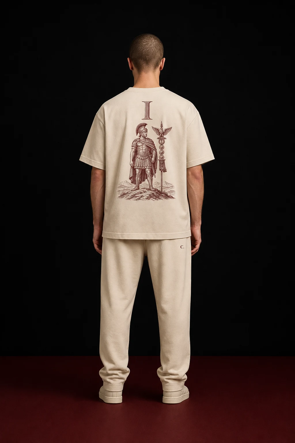 Back view of the cream Law Shirt and matching cream pants with Law I artwork