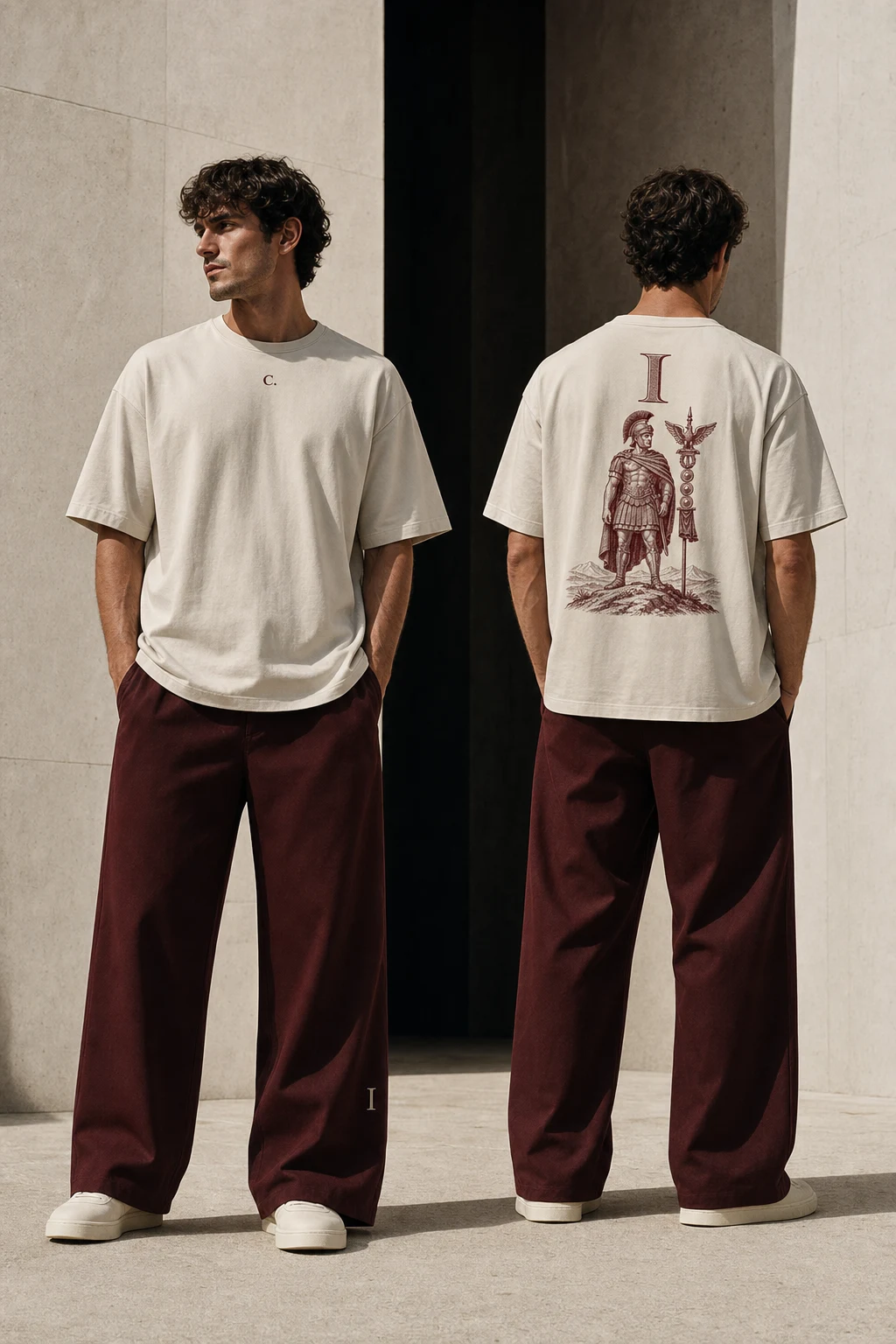 Front and back view of the Law Shirt styled with oxblood wide-leg trousers